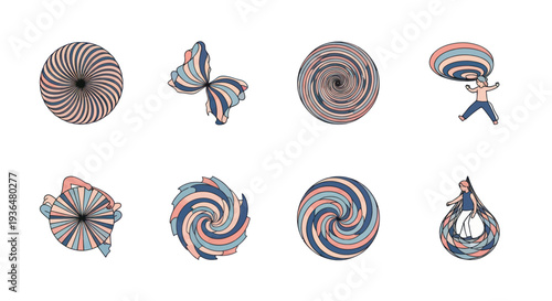 Abstract spiral and swirl patterns with human figures intertwined in colorful geometric shapes, creative design for modern art and graphic projects