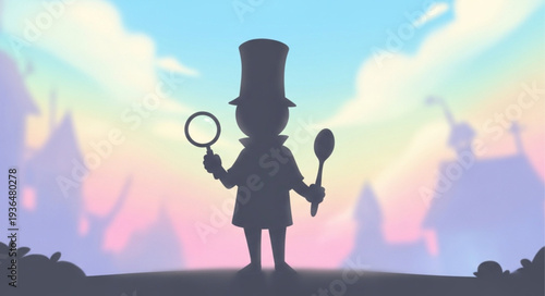 Silhouette of a man in a top hat holding a magnifying glass and spoon.