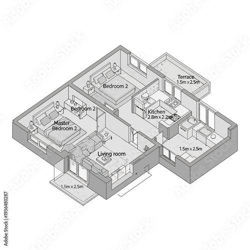 Detailed floor plan of a modern residential house with labeled rooms and dimensions.