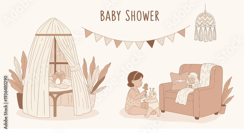 Baby shower scene with kids playing, cozy nursery tent, armchair, and warm decor in soft pastel colors, perfect for baby event or parenting content