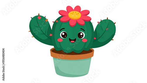 Cartoon potted plants illustration, happy flower cactus succulent, smiling face character design, cute children art decoration, cad drawing flat vector illustration