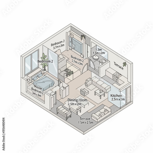 Detailed floor plan of a modern two bedroom apartment with measurements.