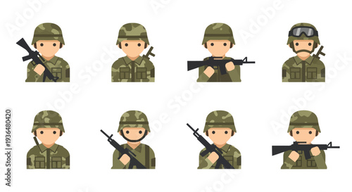 Cartoon soldier avatars in camouflage uniforms holding rifles with military helmets and goggles, ideal for army, defense, and security design projects