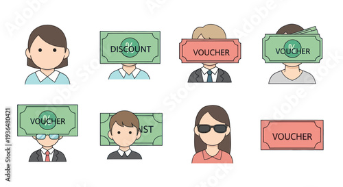 Set of people with discount and voucher price tags icons, business and shopping concept illustrations for marketing ideas