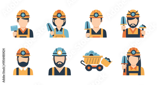 Cartoon miner avatars and mining equipment icons set, mining industry characters with helmets and tools, ideal for construction and industrial projects