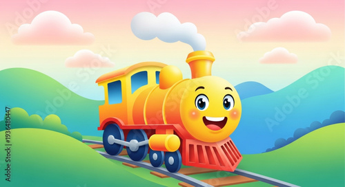 A cheerful cartoon train with a smiling face traveling through a serene landscape.