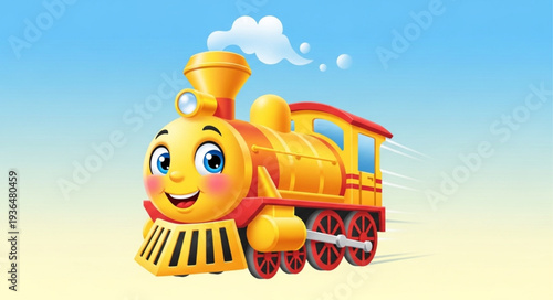 Cartoon Yellow Train with Smiling Face Moving on Tracks.