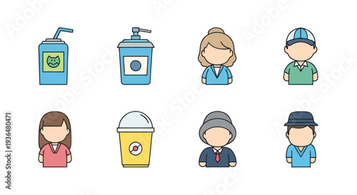 Collection of simple cartoon style icons including beverages and diverse faceless people with various outfits and hats, ideal for web or app design