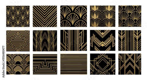 Collection of geometric art deco patterns with gold accents