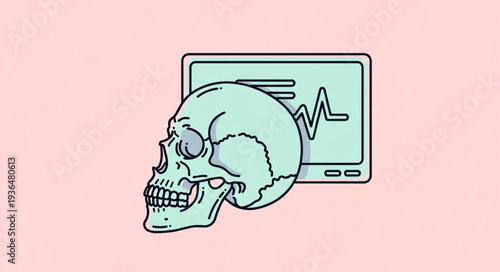Digital illustration of a human skull emerging from a computer screen.