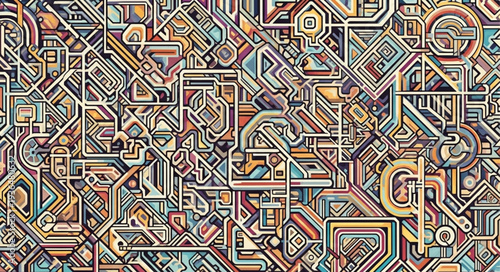 Vibrant Abstract Geometric Pattern with Interconnected Shapes and Lines.