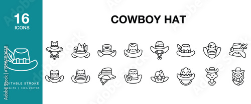 Cowboy Hat icon set. Includes cowboy, hat, western, ranch, rodeo, cowboy hat and More. Editable Stroke Icon Collection.