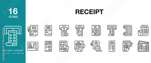 Receipt icon set. Includes receipt, invoice, bill, payment, transaction and More. Editable Stroke Icon Collection.