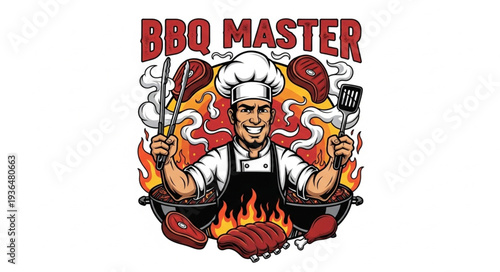Cartoon BBQ Master Chef Grilling Meat with Flames and Utensils.