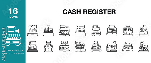 Cash Register icon set. Includes cash, register, cashier, checkout, retail, store and More. Editable Stroke Icon Collection.