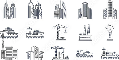 City, buildings, skyscrapers, harbor, cargo, ship, crane, factory, tower, architecture, urban, skyline, infrastructure, industry, transport, construction, outline, icons, vector, set