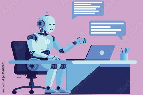 A blue robot working at a desk with a laptop and chat bubbles
