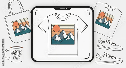 Collection of Merchandise Featuring Mountain Landscape Design on Various Products.