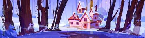 Winter landscape with forest and village house