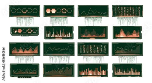 Collection of green circuit boards with electronic components and chips