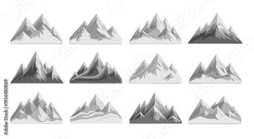 Collection of various grayscale mountain landscape illustrations for design