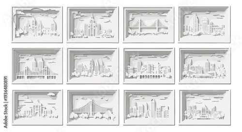 Set of architectural sketches and drawings of cityscape buildings