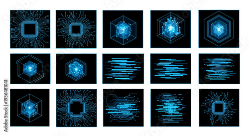 Collection of futuristic holographic digital interface icons and symbols