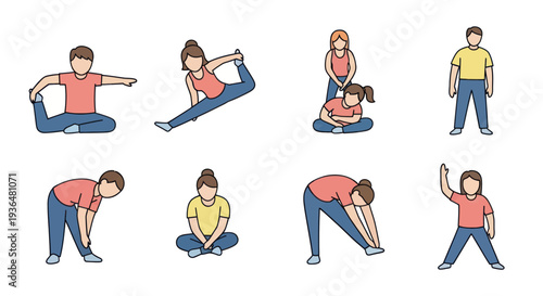 Flat vector illustration of diverse people performing various stretching exercises and warm-up poses, ideal for fitness and health content