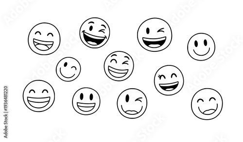 Cute smiley face doodle sketch icon collection happy emotion hand drawn vector illustration