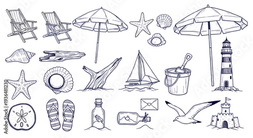 Collection of handdrawn nautical and marine travel icons and symbols