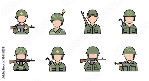 Set of army soldier icons with helmets and rifles in cartoon style, military character collection for design, game, and education