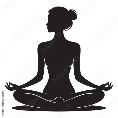 Black silhouette of woman in meditative yoga pose with hands in mudra position meditation