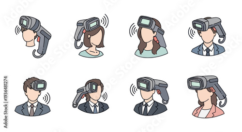 Set of business people wearing virtual reality headsets with futuristic technology icons, creative concept for innovation and digital transformation