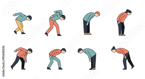 Set of cartoon people bowing in different poses isolated on white background, illustration for respect, greeting, apology concepts