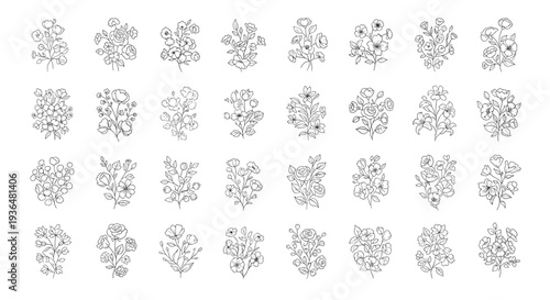 Set of 30 different snowflake illustrations with intricate patterns