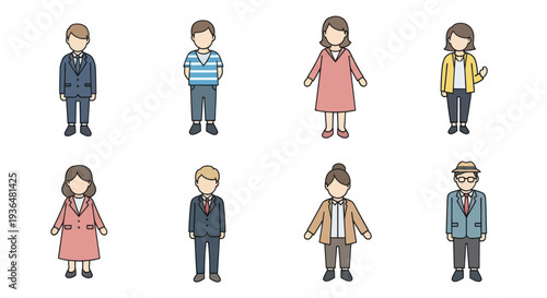 Set of diverse cartoon people characters in various casual and business outfits, suitable for design, education, and presentation projects