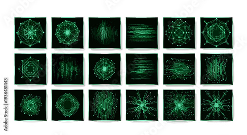 Collection of green laser light patterns and geometric shapes