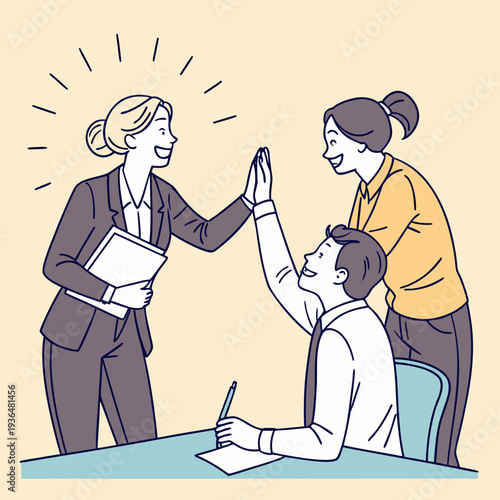 illustration of a man and woman. Group of corporate people happy with results of team work at meeting. Mature worker woman shaking hand with client, recruit employee or business partner after signing 