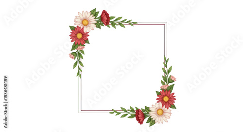 Decorative floral frame with red and white flowers and green leaves on white background for wedding invitations and greeting cards