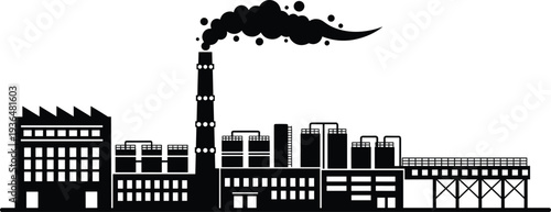 Factory, industrial, plant, smokestack, pollution, industry, manufacturing, refinery, power, smoke, environment, energy, infrastructure, production, heavy, factory, silhouette, vector