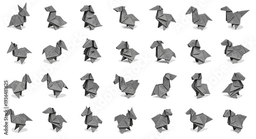Collection of gray origami rabbits arranged
