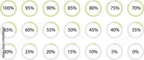 Set of green circular progress bars and percentage loading indicators UI dashboard vector illustration elements