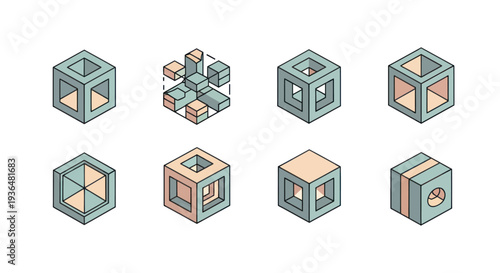 Set of eight geometric isometric cubes with various cutouts and internal structures, abstract 3D shapes ideal for design and technology concepts