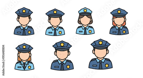 Set of faceless police officer avatars in uniform icons, diverse male and female law enforcement personnel illustrations for security or protection concepts