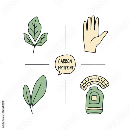 Hand drawn carbon footprint concept with leaves, hand, and gas meter icons, environmental awareness and sustainability illustration