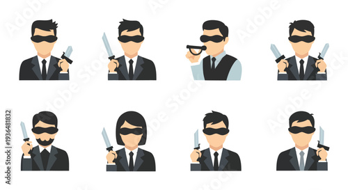 Set of masked secret agents and spies holding knives and a spyglass in formal suits, perfect for espionage and undercover concept designs