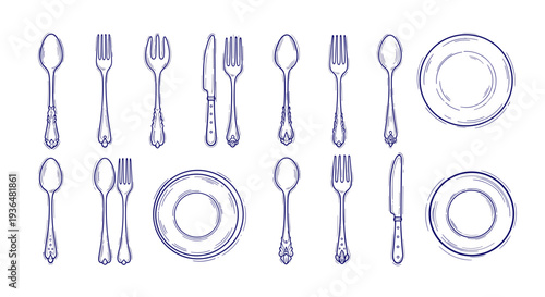 Set of handdrawn utensils and plates for dining table arrangement