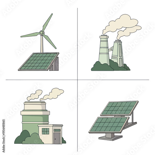 Illustration comparing renewable energy with wind turbines and solar panels versus fossil fuel power plants with smoke emissions, eco concept
