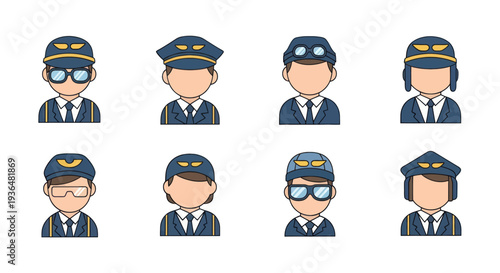 Set of pilot avatars with different hats and sunglasses in uniform isolated on white background, aviation teamwork concept, perfect for apps and websites