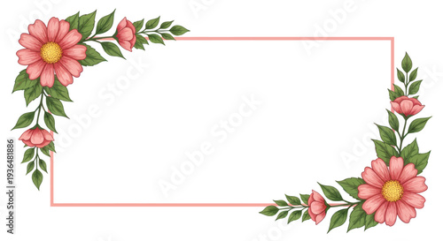 Pink floral decorative frame with green leaves and hand-drawn flowers, elegant border design for invitations, cards, and stationery